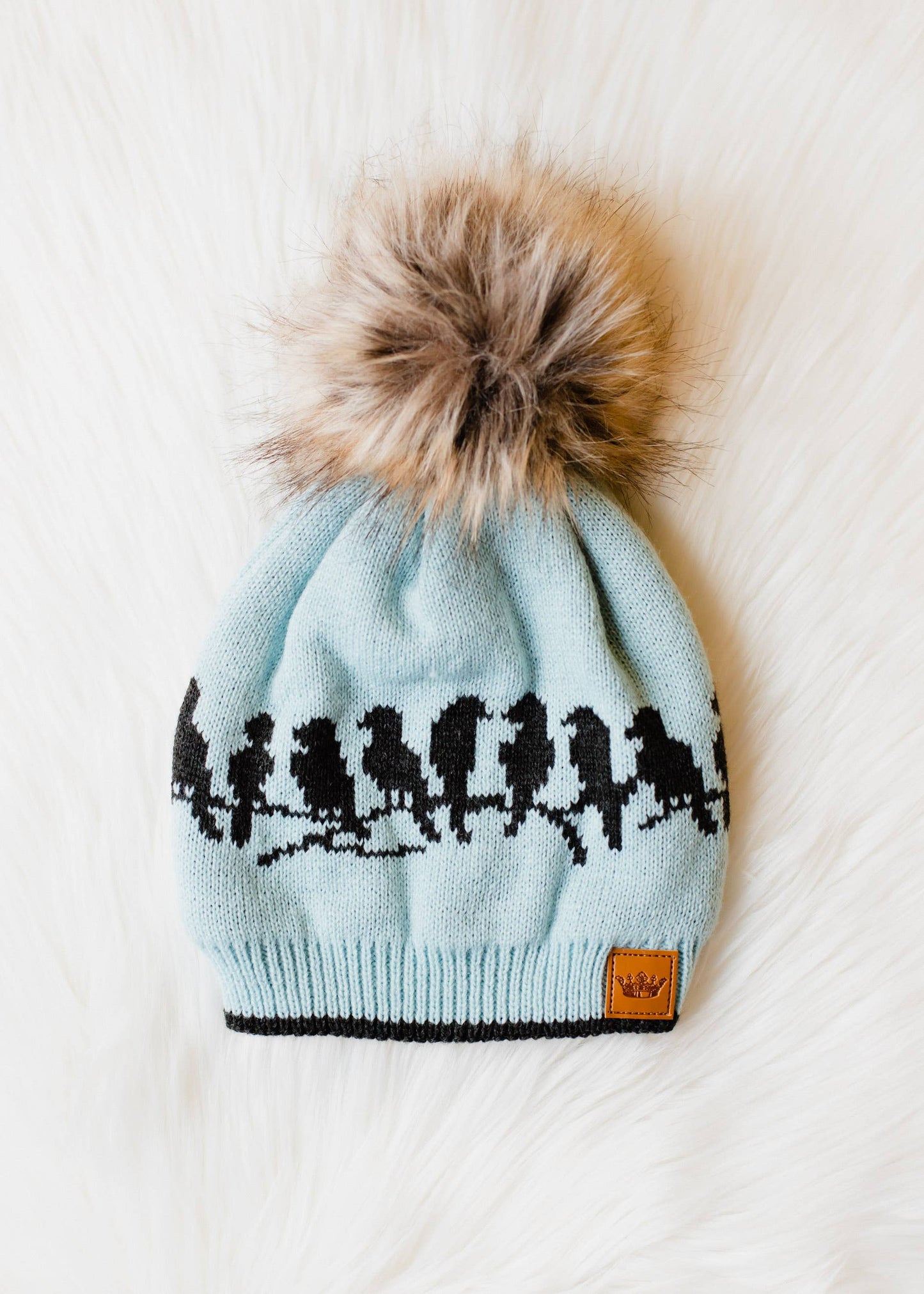 Lt. Blue & Charcoal Bird Pattern Pom Hat