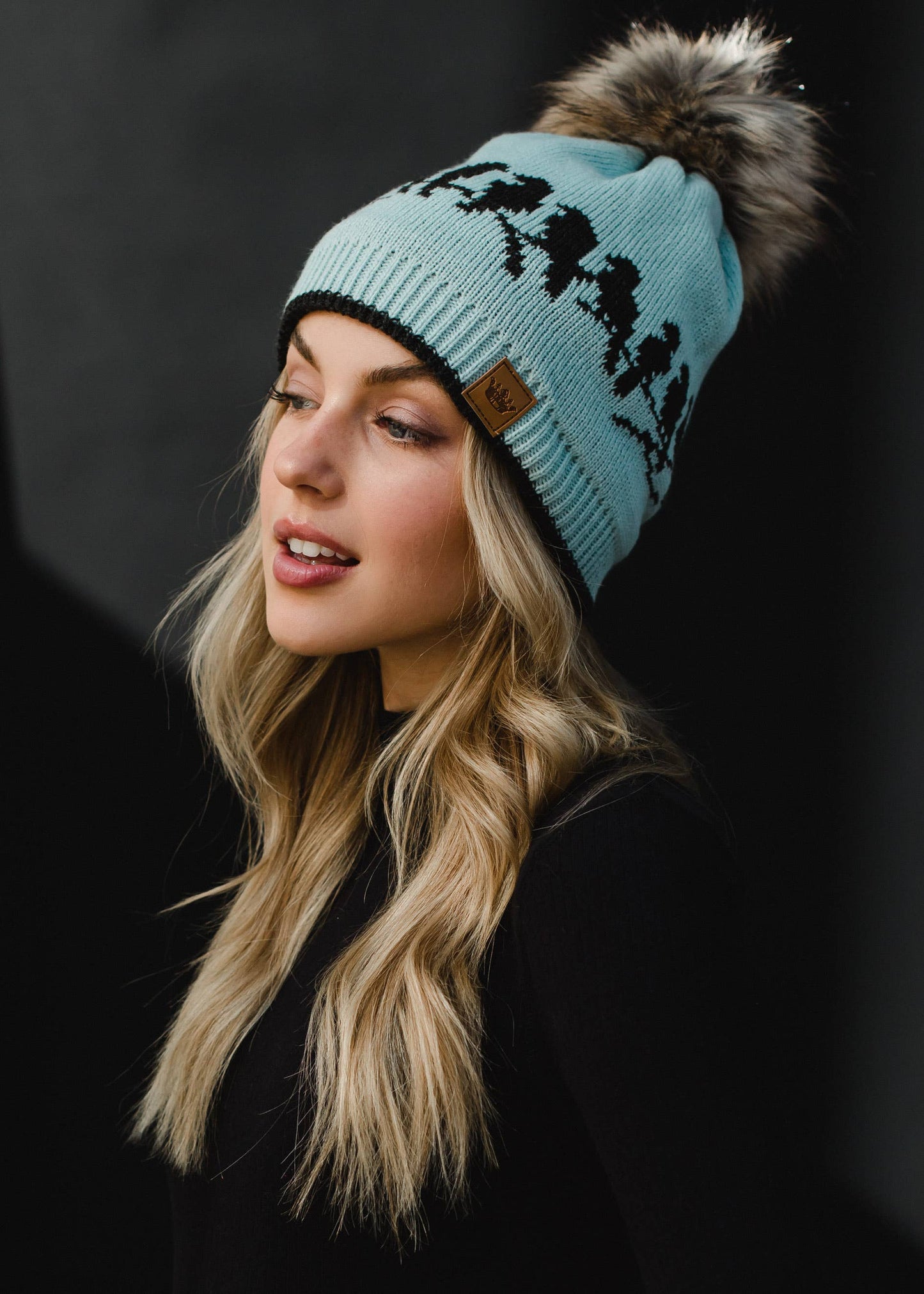 Lt. Blue & Charcoal Bird Pattern Pom Hat