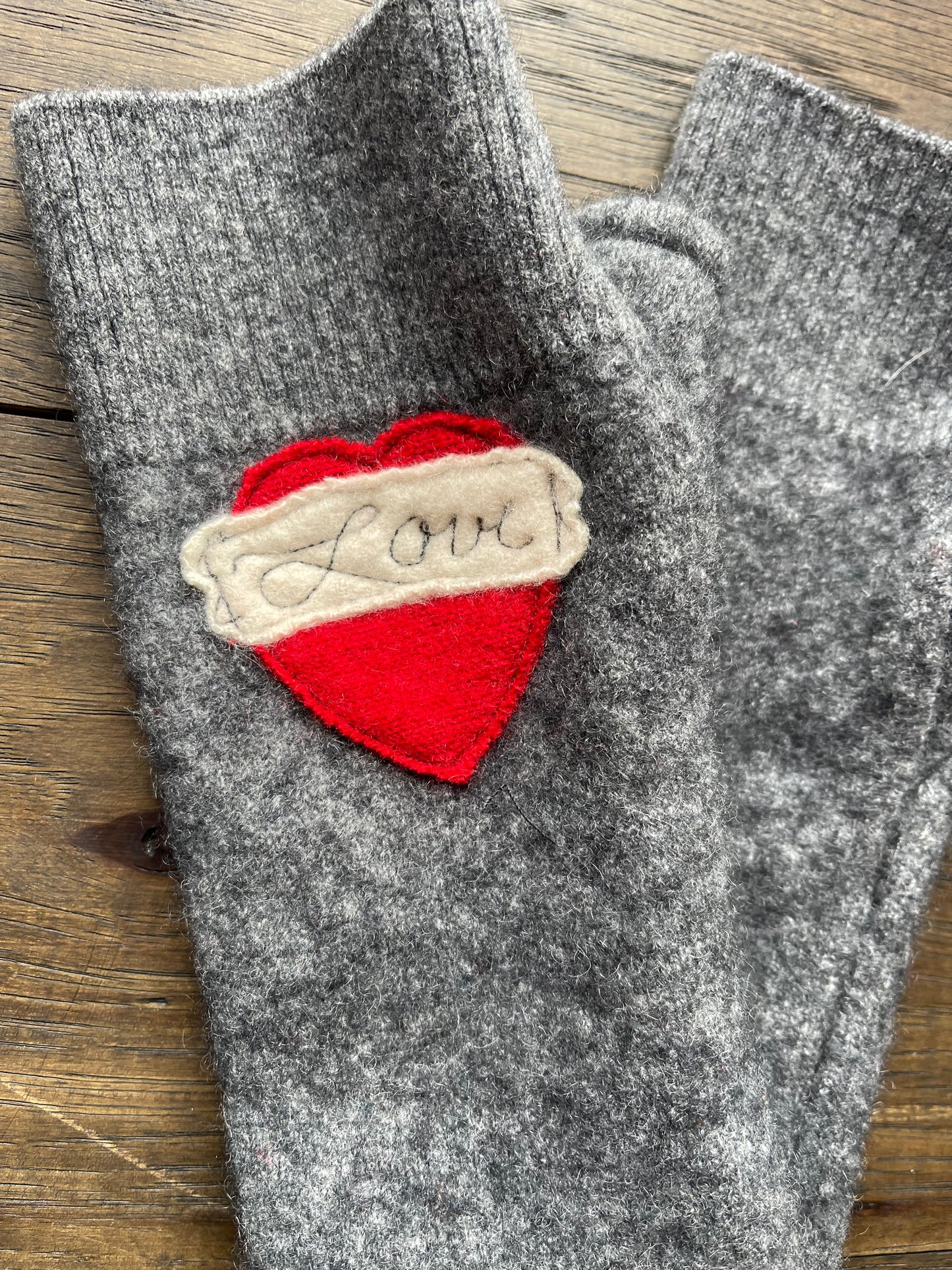 Hand Stitched Fingerless Gloves - Dk Grey/Red Love