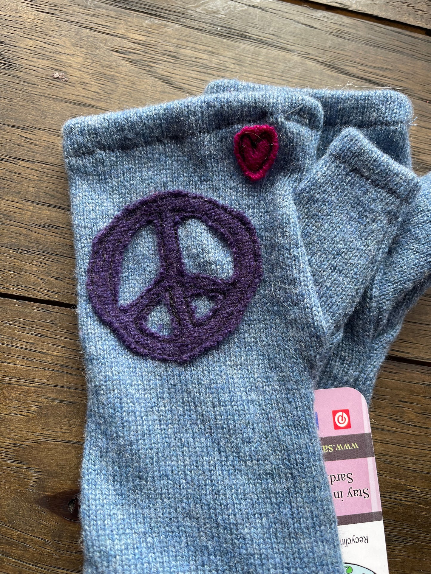 Hand Stitched Fingerless Gloves - Blue/Peace