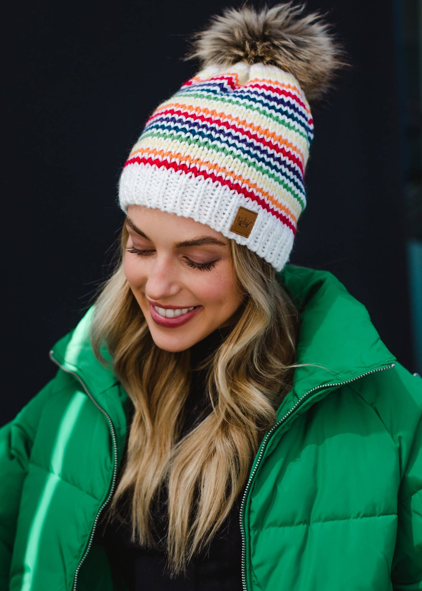 White & Rainbow ZigZag Striped Pom Hat