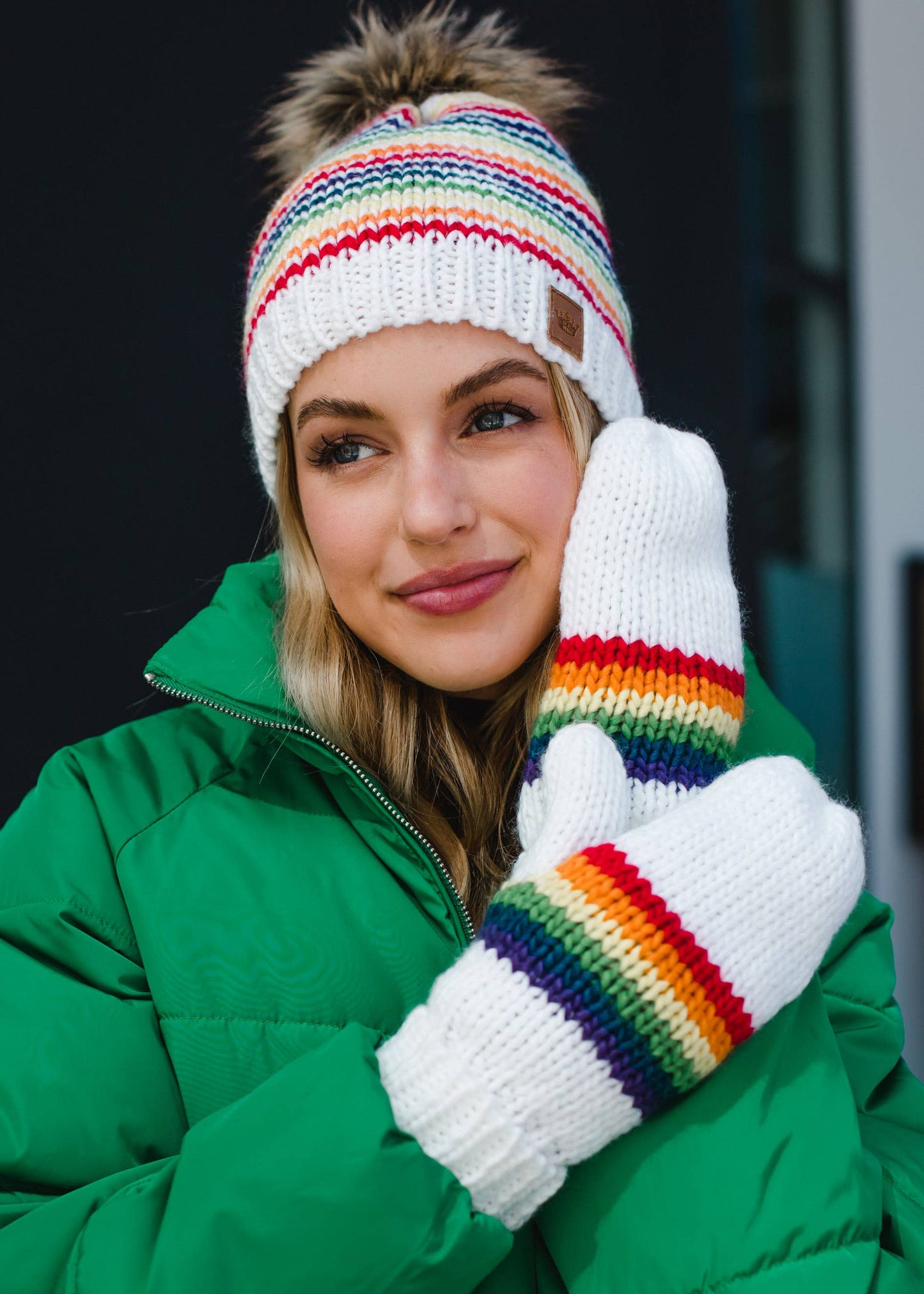 White & Rainbow ZigZag Striped Pom Hat