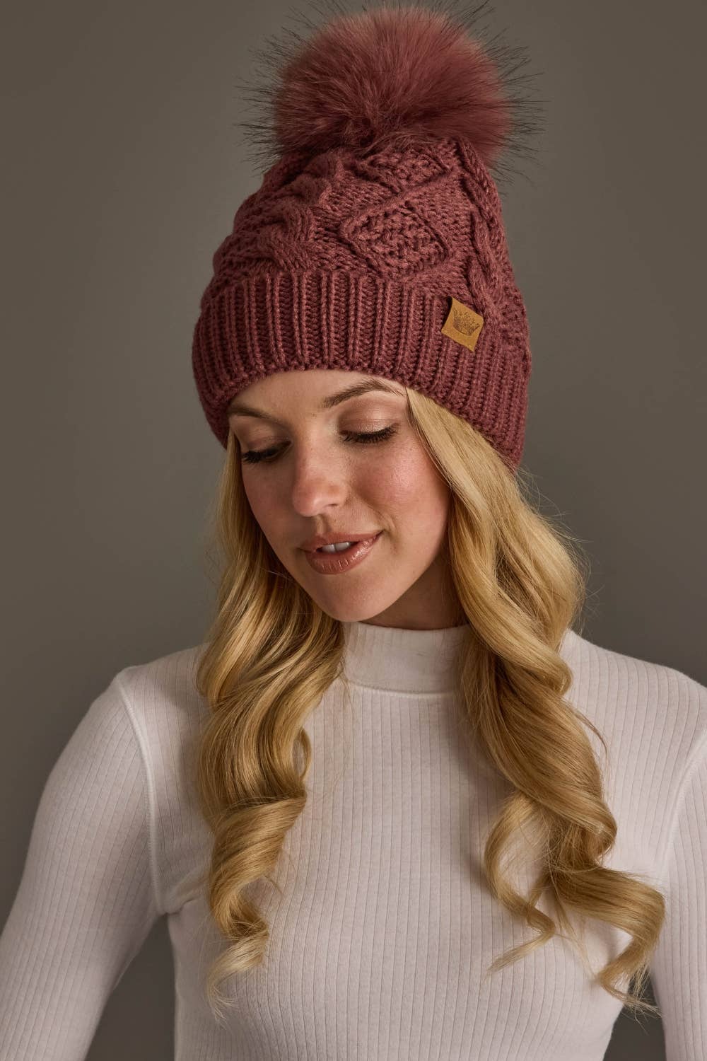 Dk. Pink Cable Knit Hat with Dk. Pink Pom