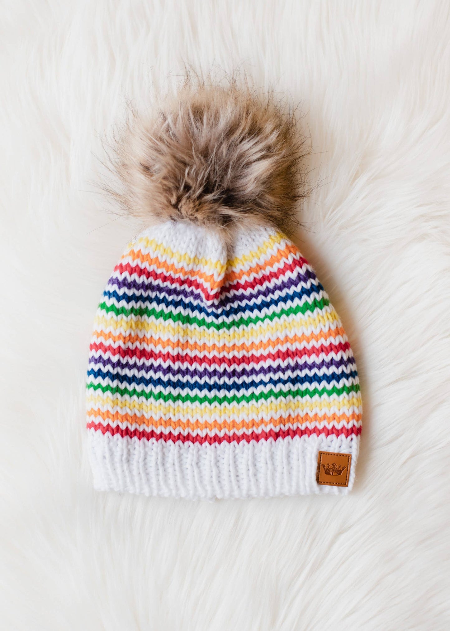 White & Rainbow ZigZag Striped Pom Hat