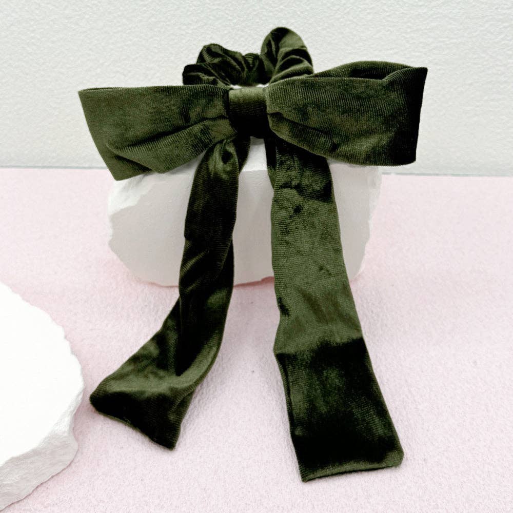 Olive Velvet Bow Scrunchie | Hair Tie