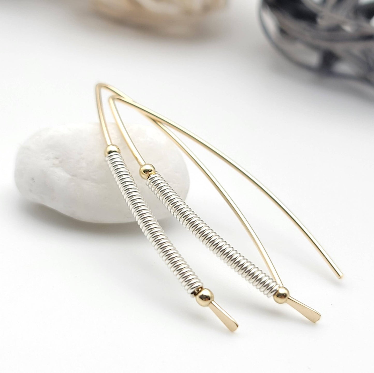 Gold and Silver Coil Wishbone Threader Earrings