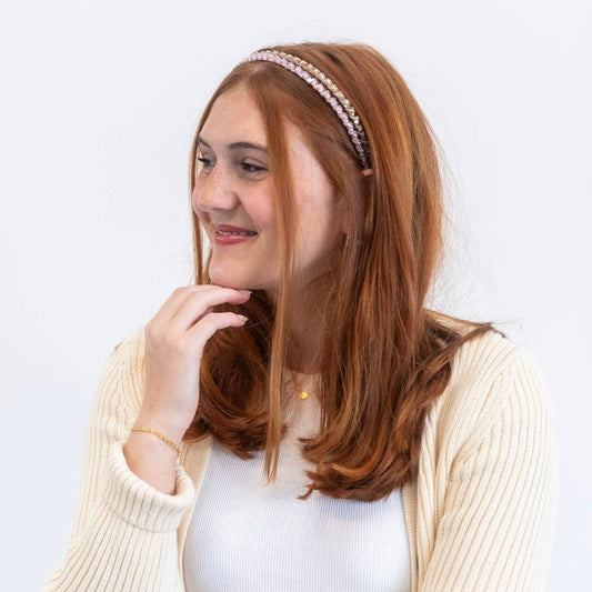 Thin Beaded Headband Set - Gold + Pink