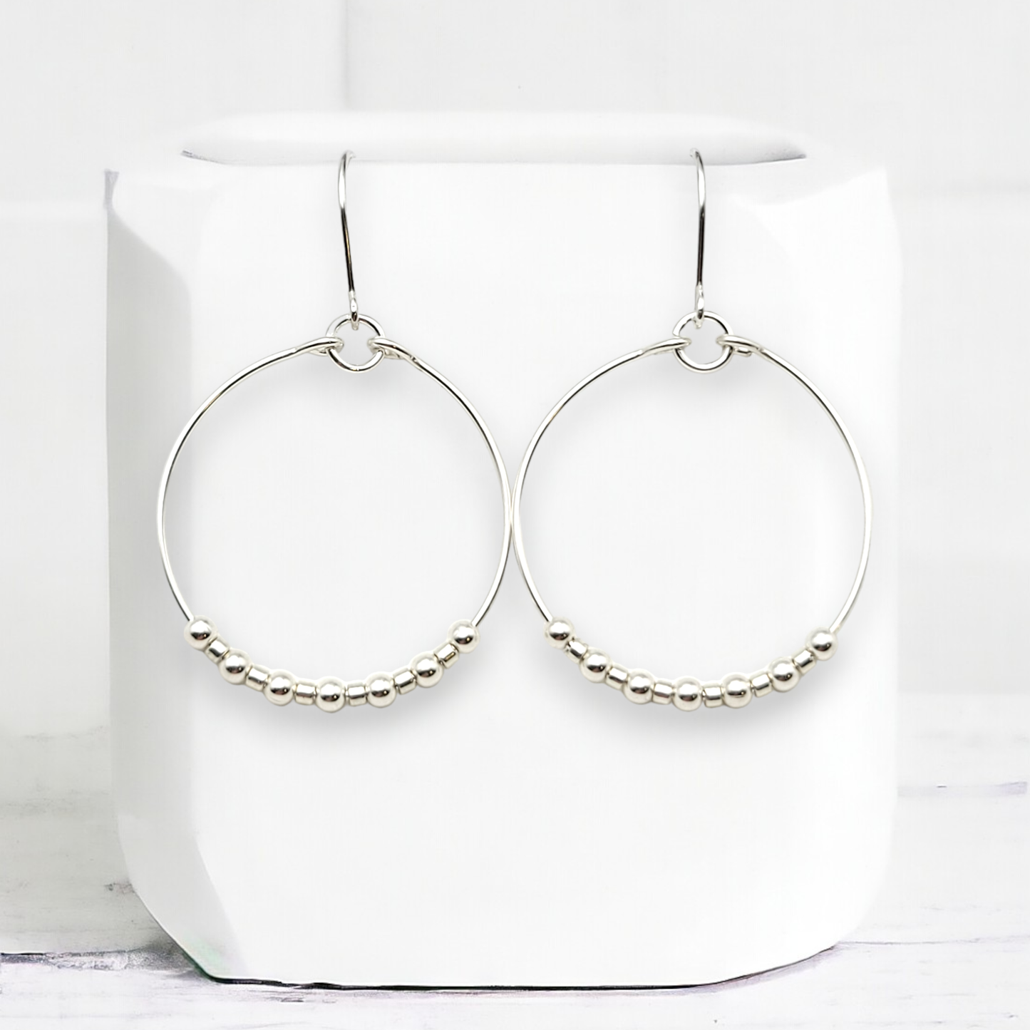 Silver Hoop Earrings with Silver Beads