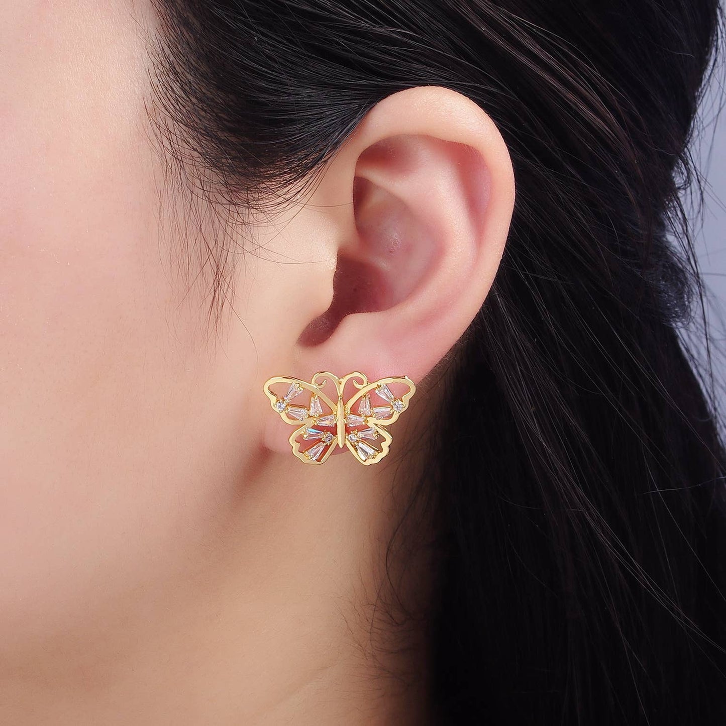 14K Gold Filled Open Baguette Butterfly Stud Earrings | Q196