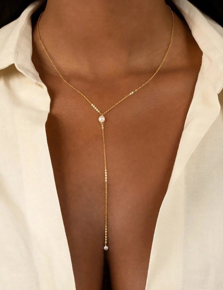 Elegant Y-Shaped Gold Pearl Necklace