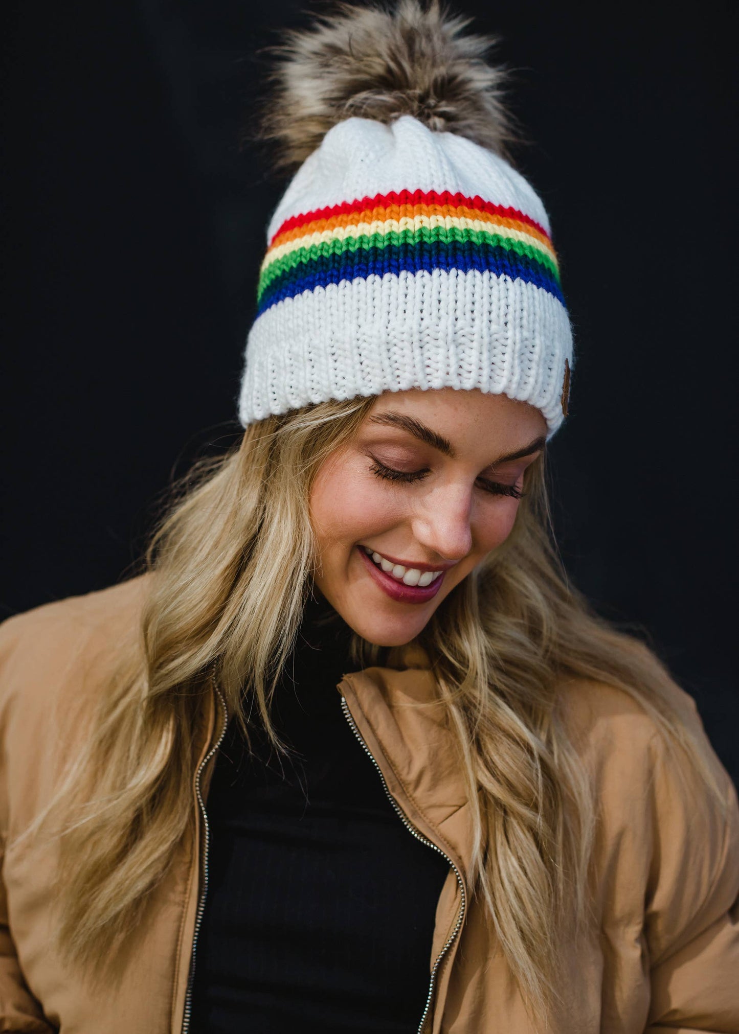 White & Rainbow Striped Pom Hat