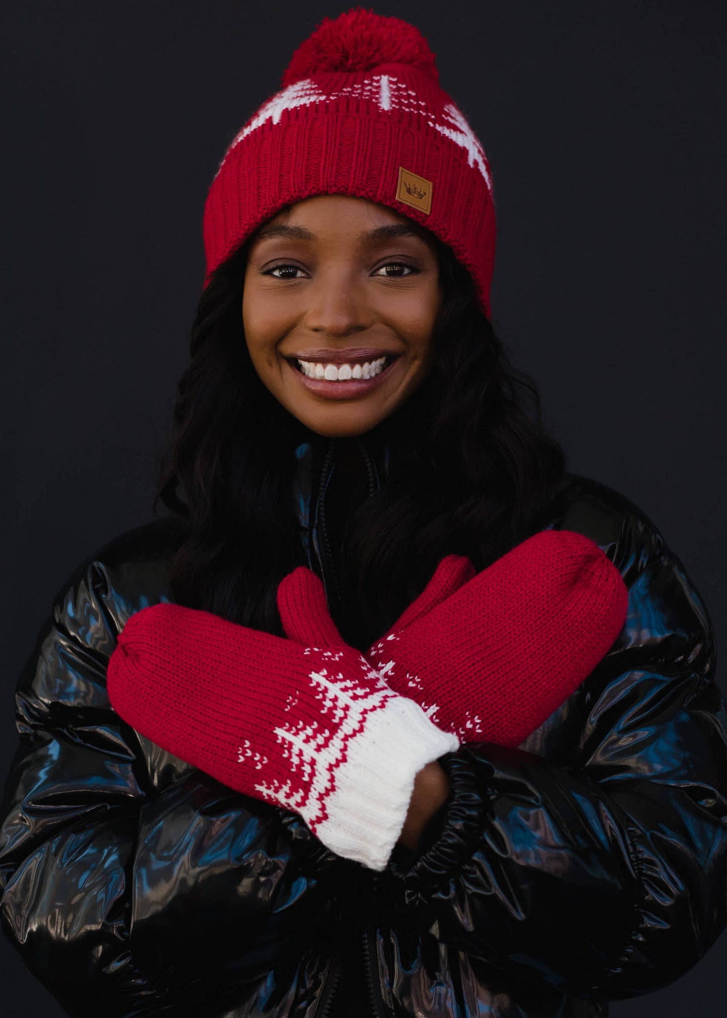 Red & White Tree Pattern Knit Mittens