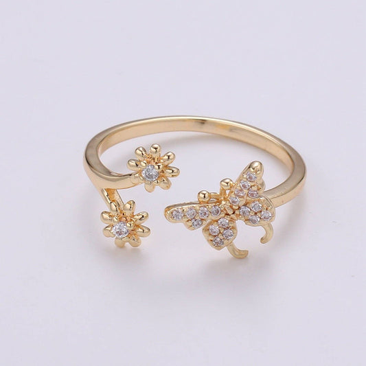 Dainty Elegant Butterfly and Flower 18K Gold Filled Adjustable Ring - R271