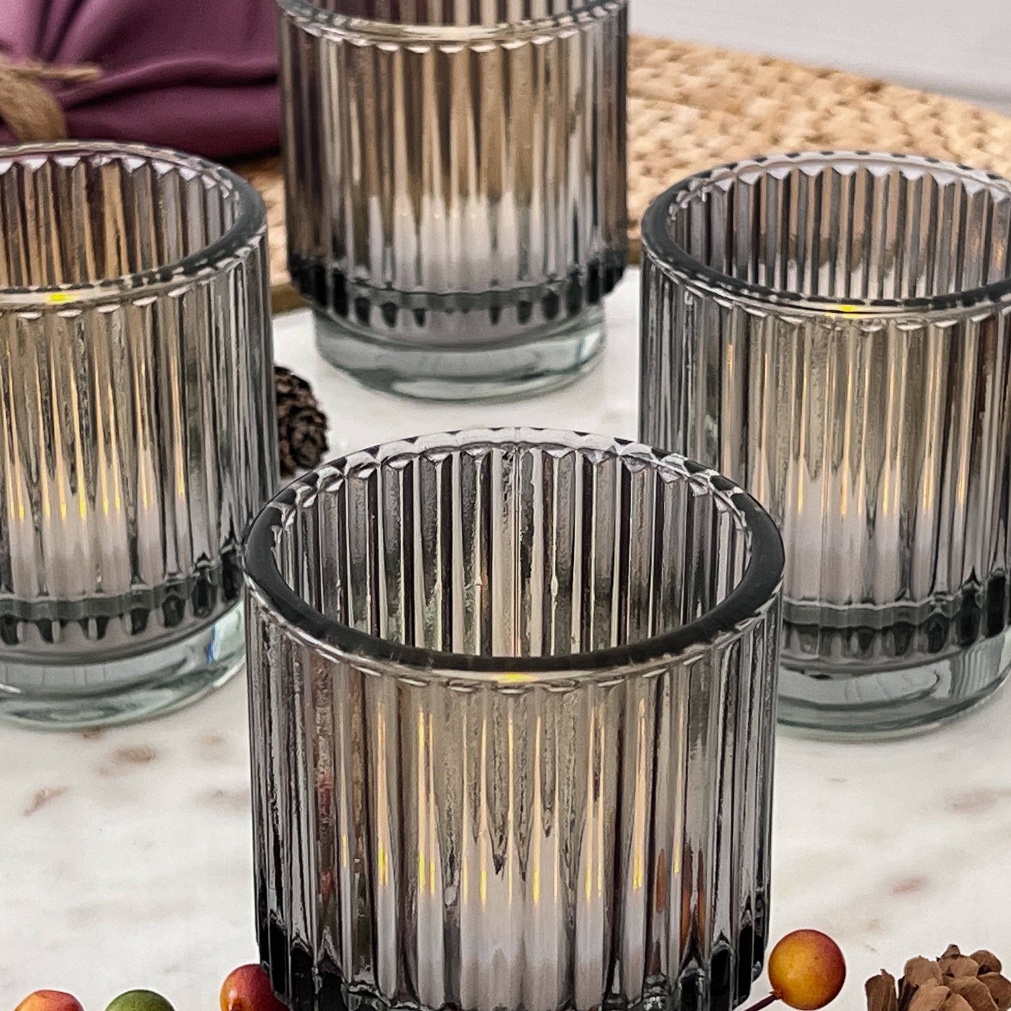 Ribbed Smoke Gray Glass Votive Candle Holder