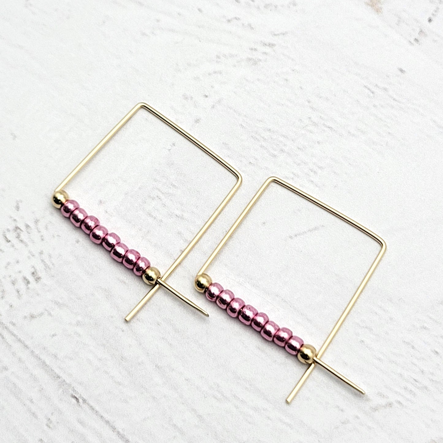 Gold Square Threader Hoops with Metallic Pink Beads