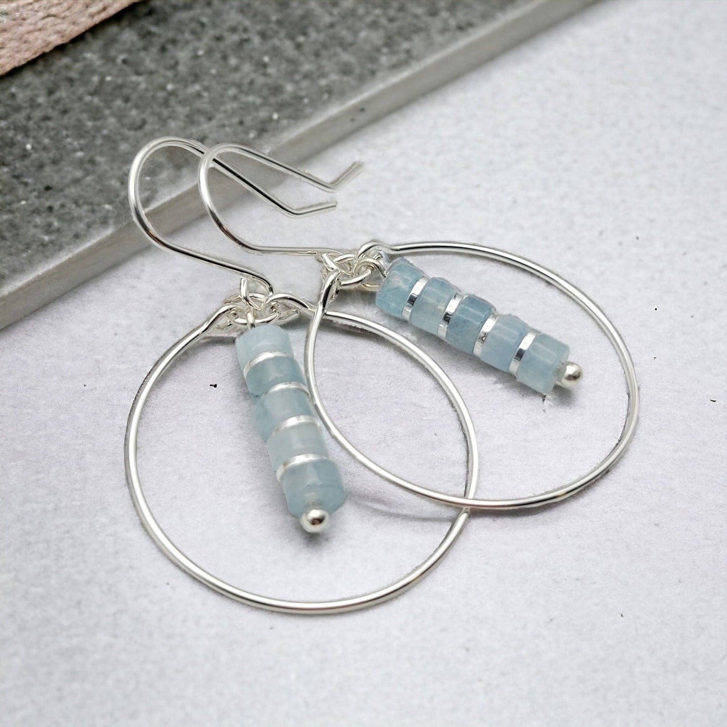 Sterling Silver Hoops with Aquamarine Dangle