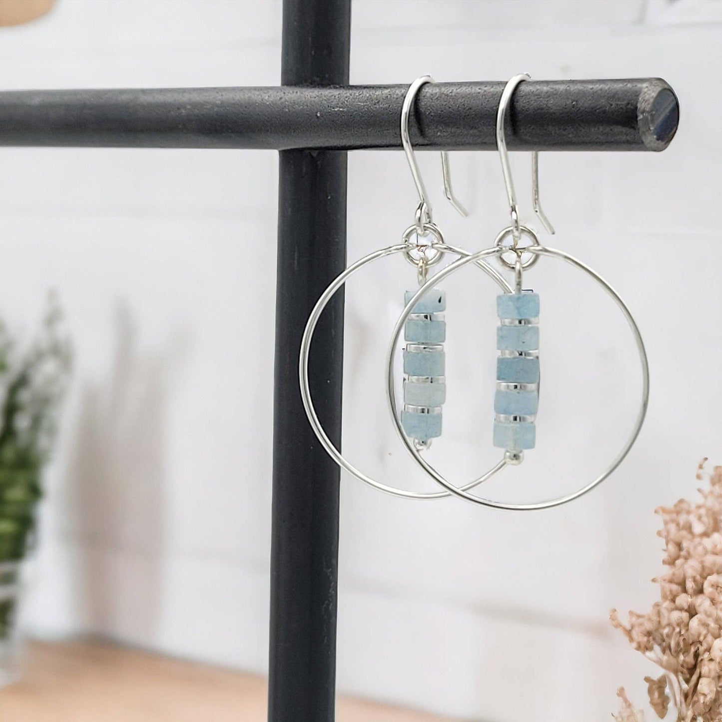 Sterling Silver Hoops with Aquamarine Dangle