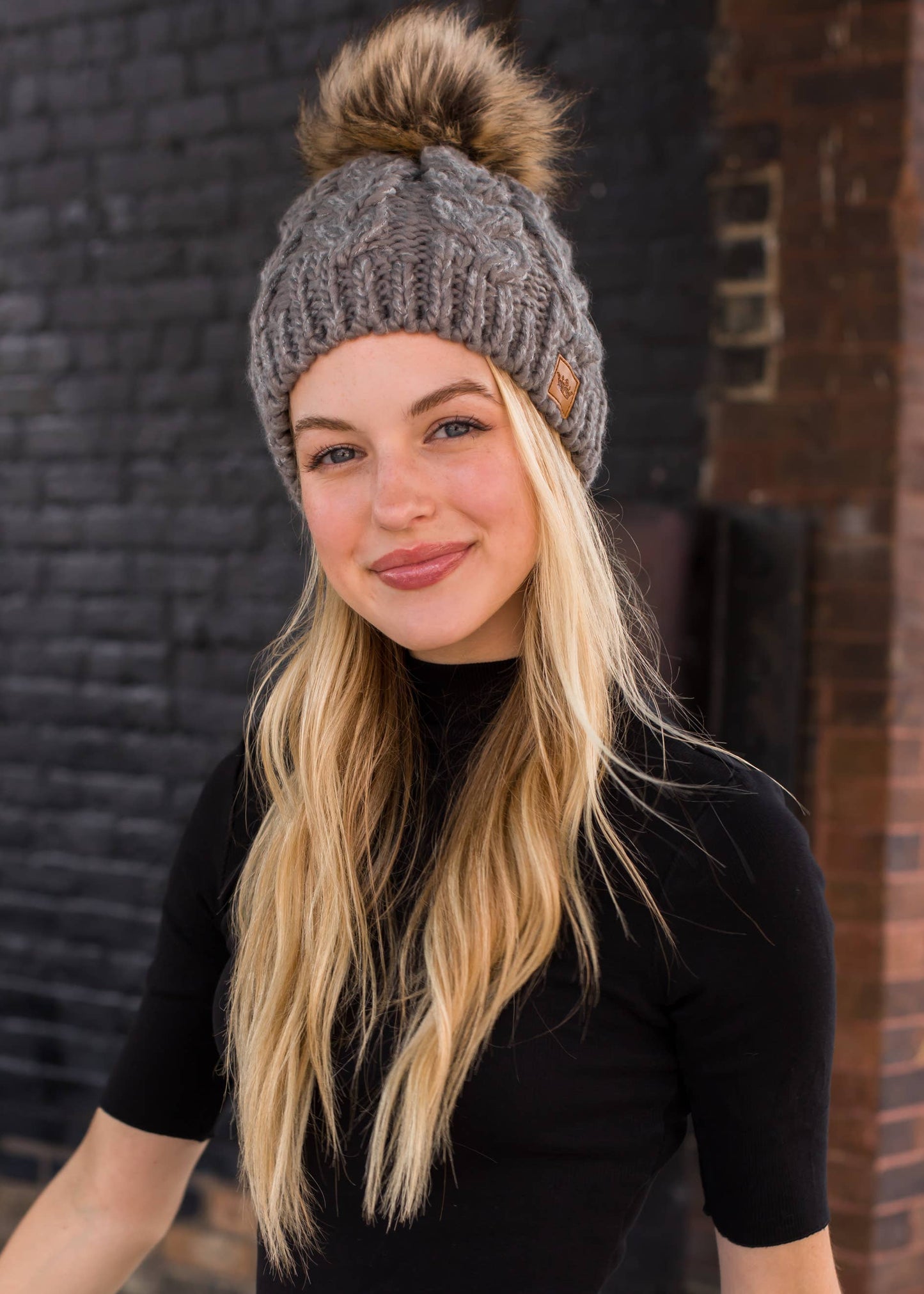 Grey Cable Knit Pom Hat