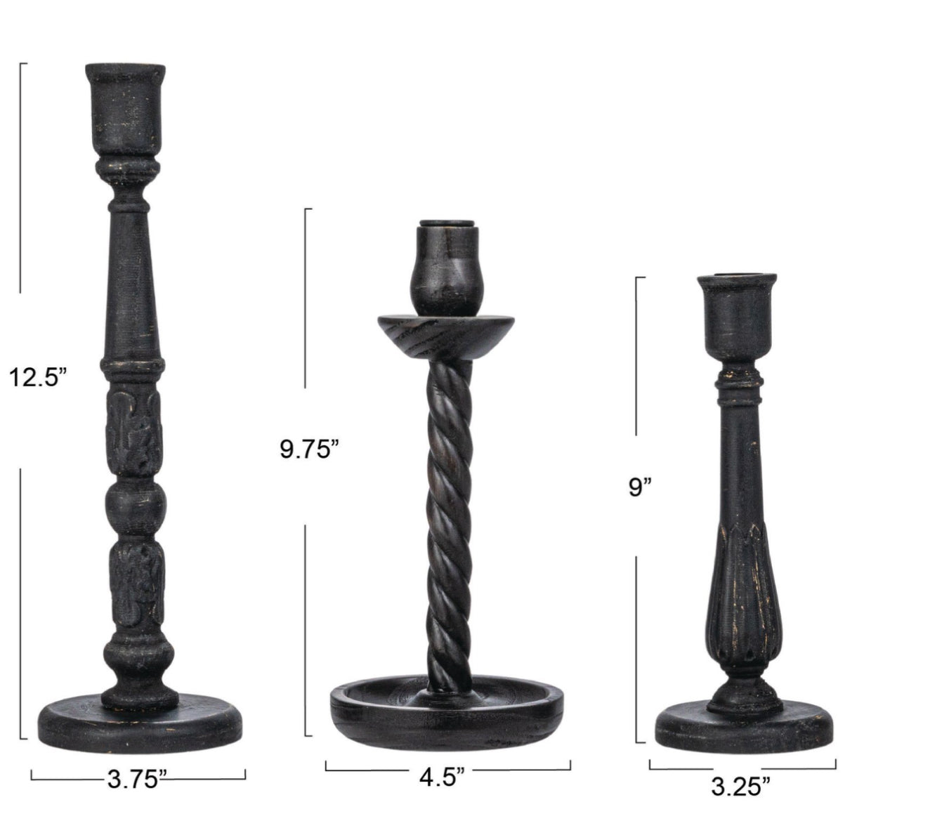 Carved Wood Taper Holders, Distressed Black - 3 Styles