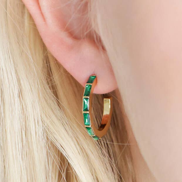 Green Crystal Hoop Earrings in Gold