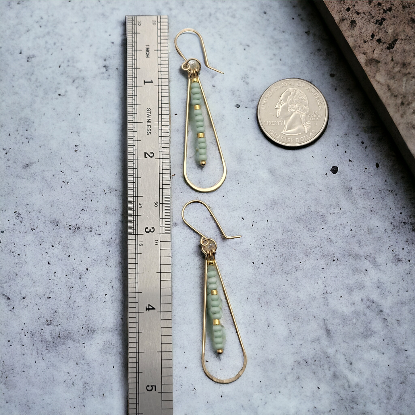 Long Gold Teardrop Hoop Earrings with Mint Green Seed Beads