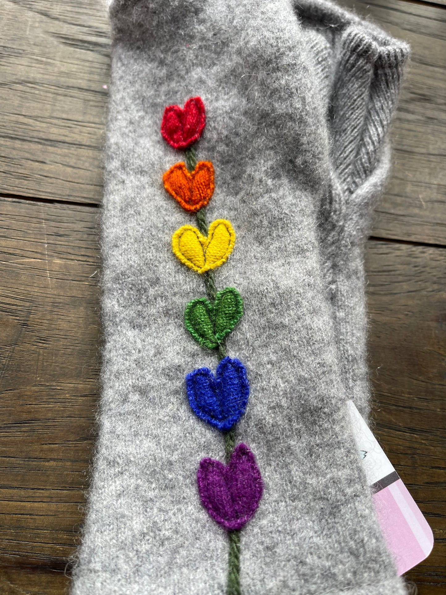 Hand Stitched Fingerless Gloves - Lt Grey/Rainbow Flower