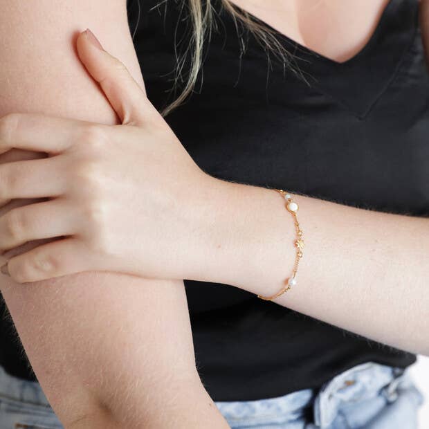 Pearl and Crystal Moon and Stars Bracelet in Gold