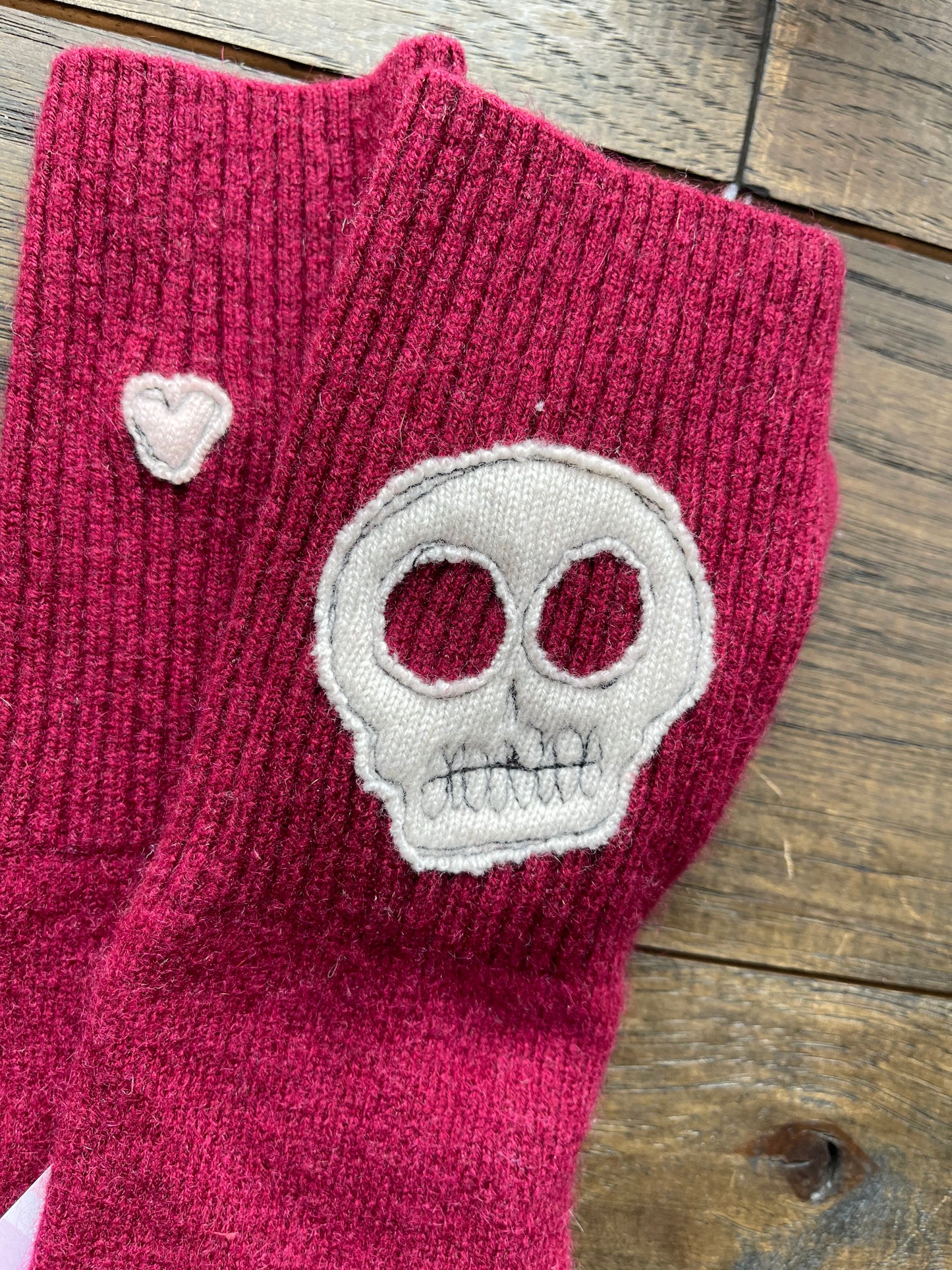 Hand Stitched Fingerless Gloves - Burg/Skull