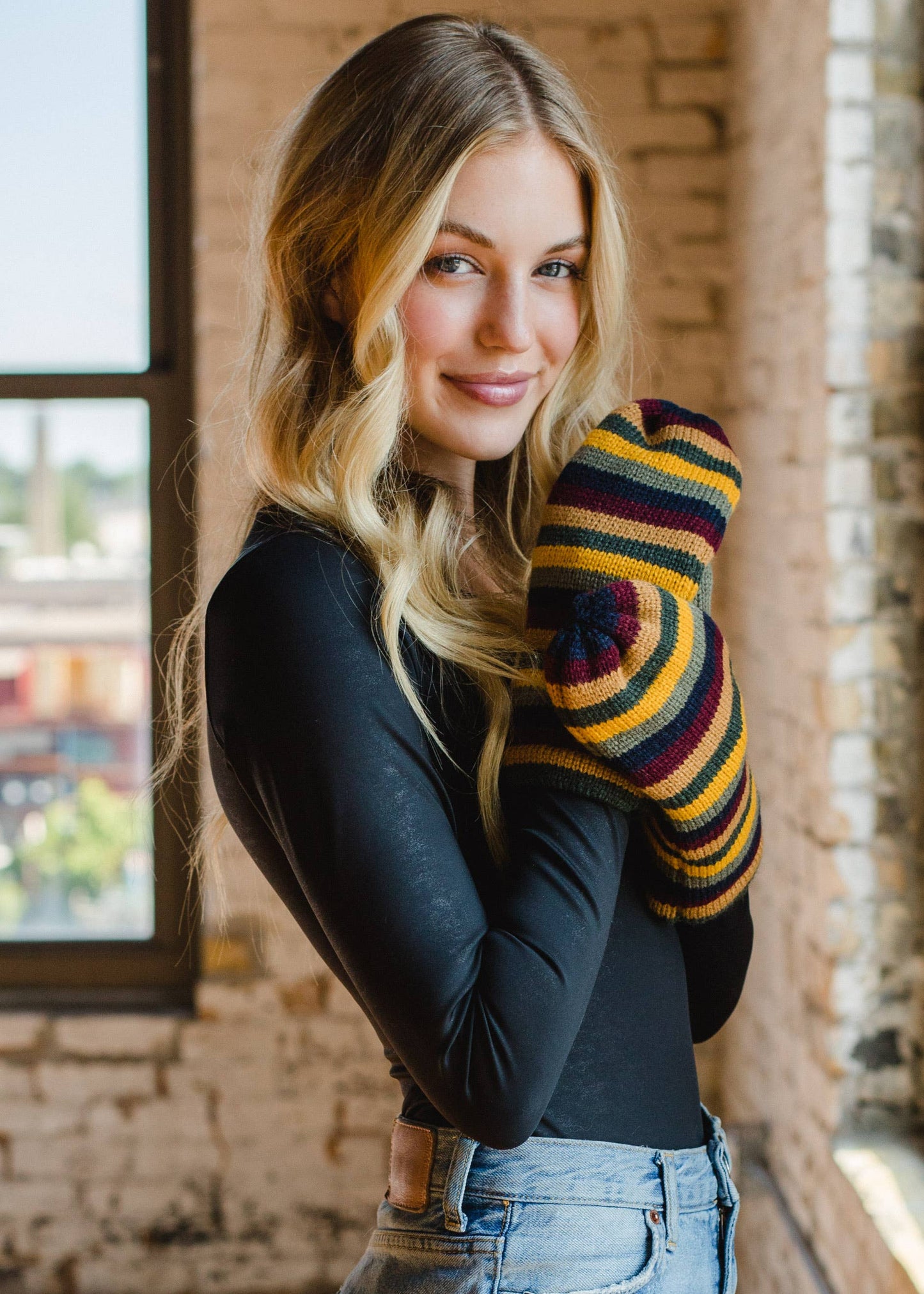 Multicolored Striped Knit Mittens