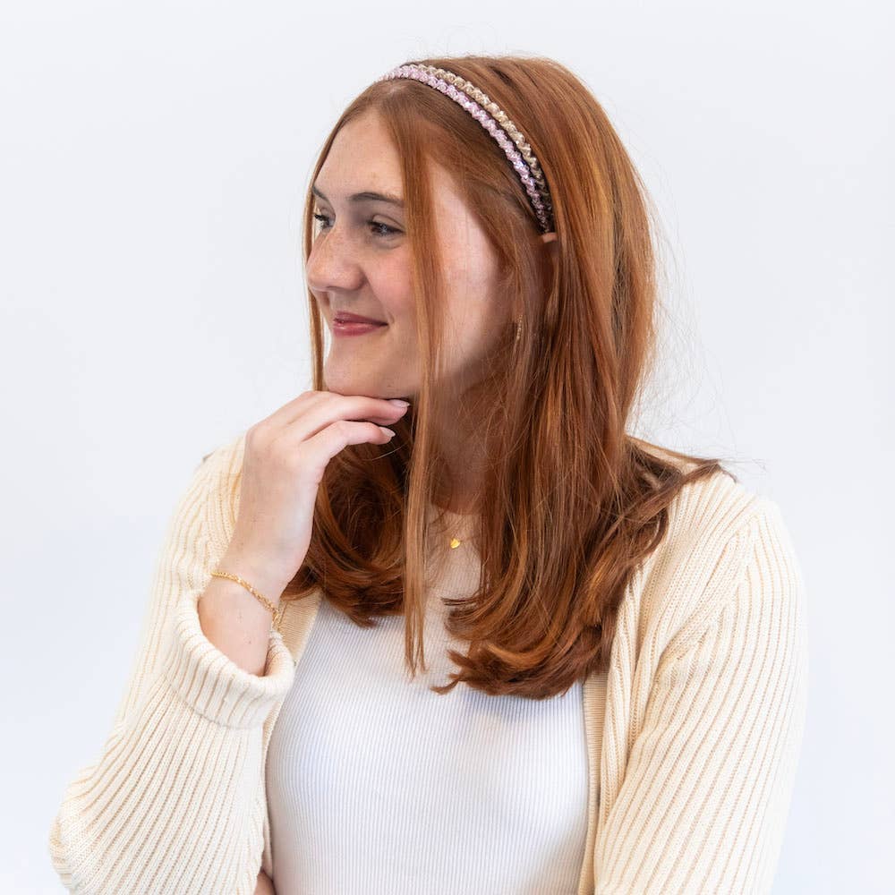 Thin Beaded Headband Set - Gold + Pink