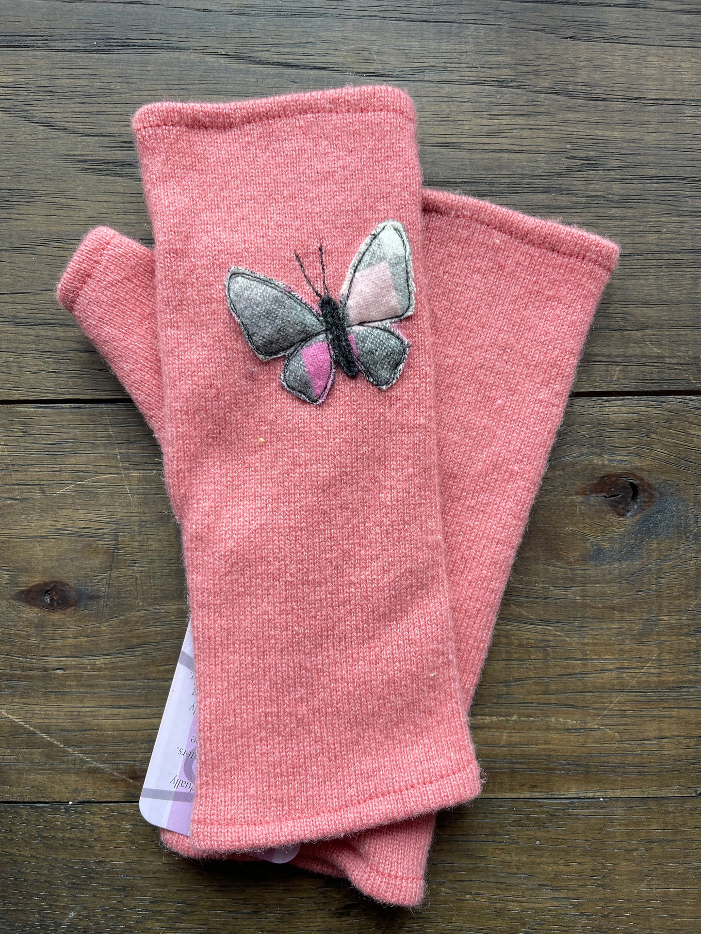 Hand Stitched Fingerless Gloves - Coral/Butterfly