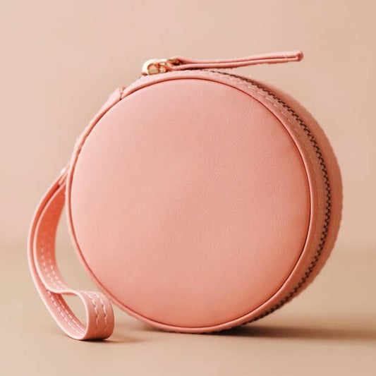 Peach Pink Round Pu Travel Jewellery Case