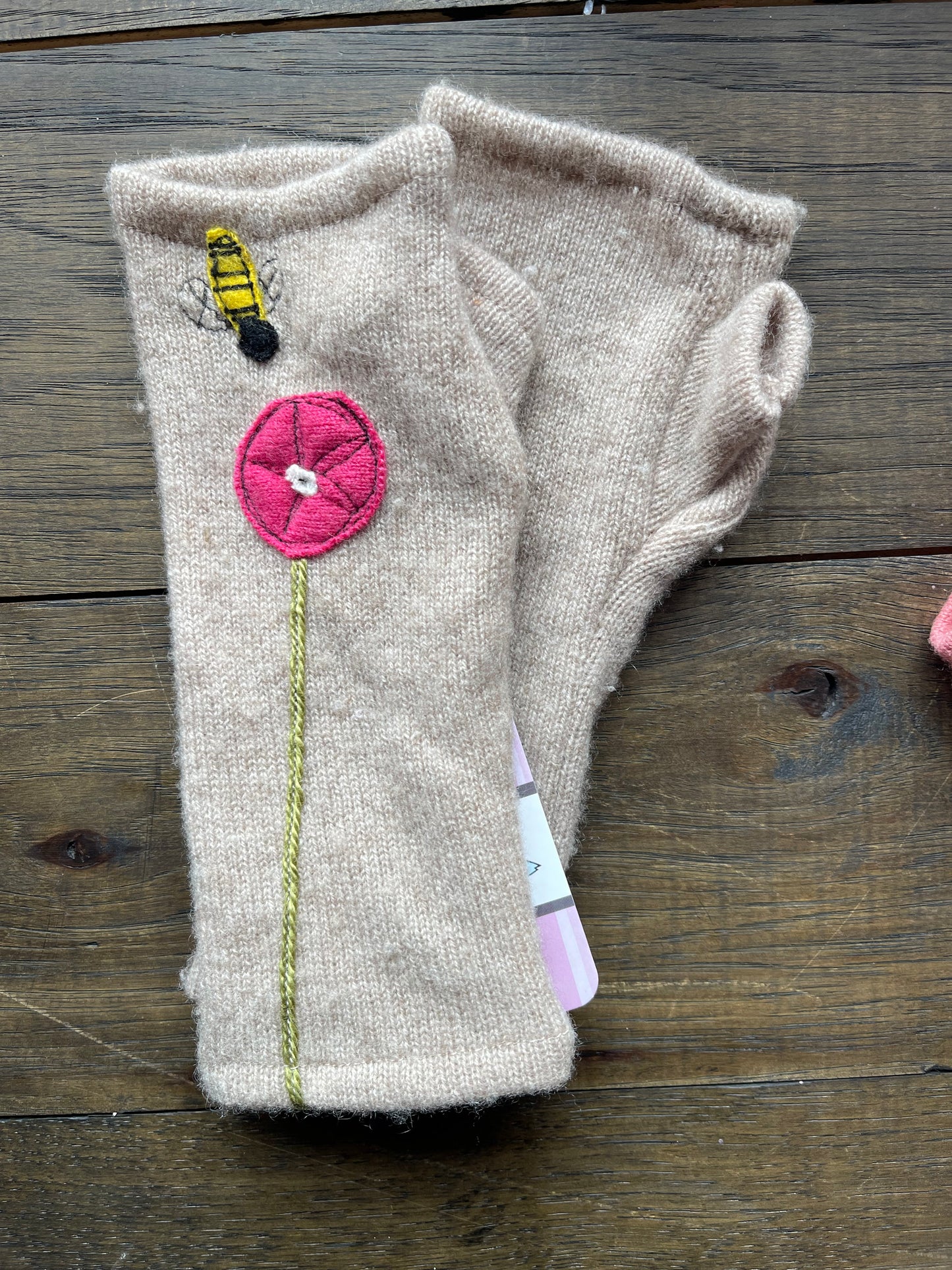 Hand Stitched Fingerless Gloves - Tan/Bee & Flower