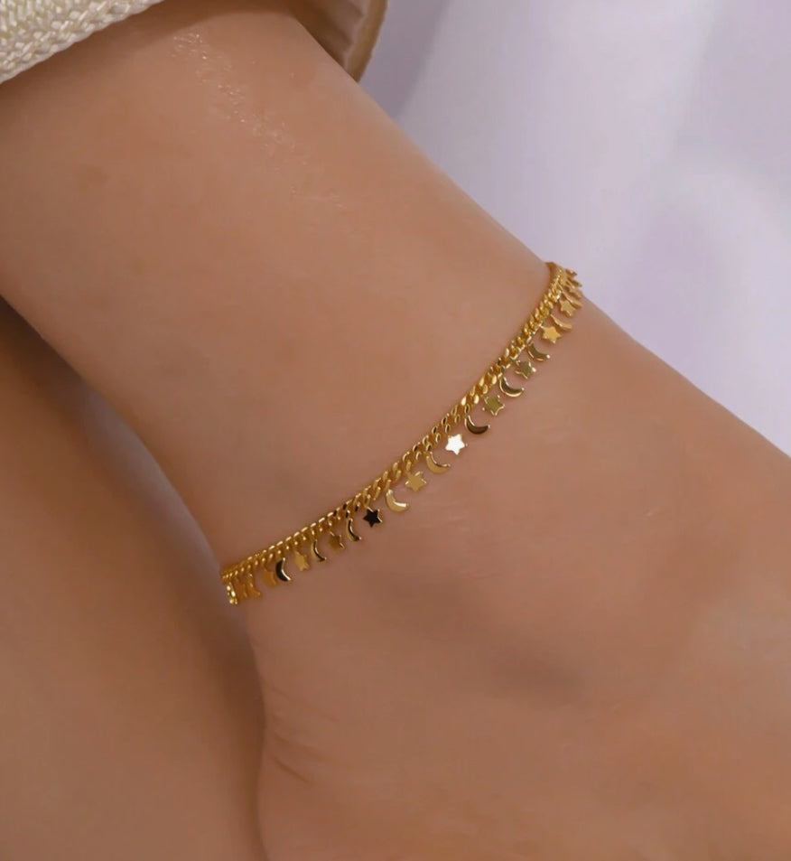 18k Gold Plated Moon Stars Adjustable Casual Women's Anklet