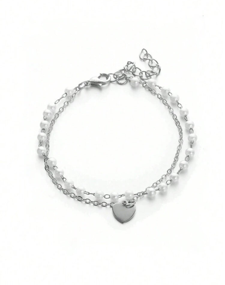 Double Chain Pearl & Heart Charm Bracelet