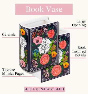 The Secret Garden Original Book-Shaped Decorative Vase, Ceramic Vase, Cute Bookshelf Decor, Unique Vase for Book Lovers (Small)