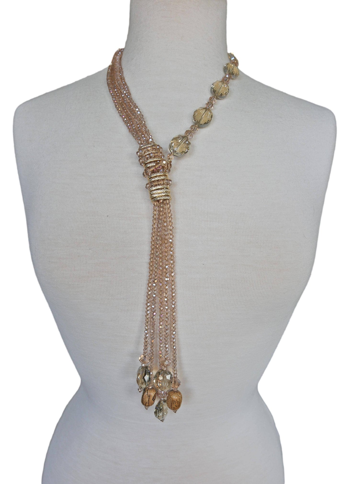 Multi-Strand Champagne Crystal Tassel Necklace