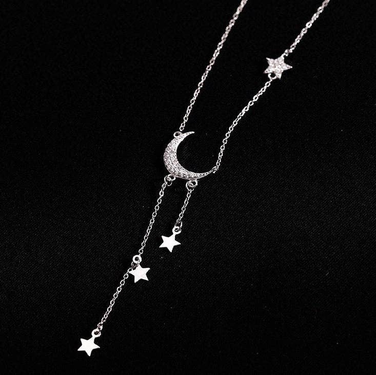 Moon Star Layered Tassel Necklace in 925 Sterling Silver