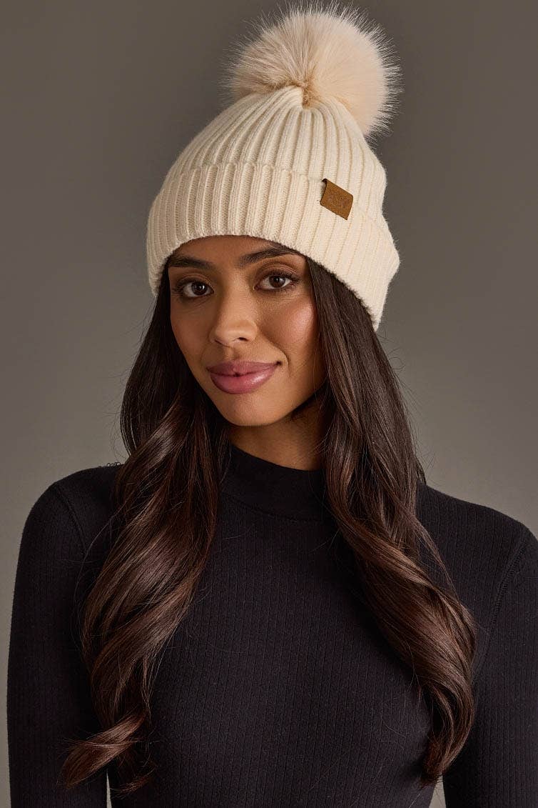 Cream Knit Hat with Cream Pom