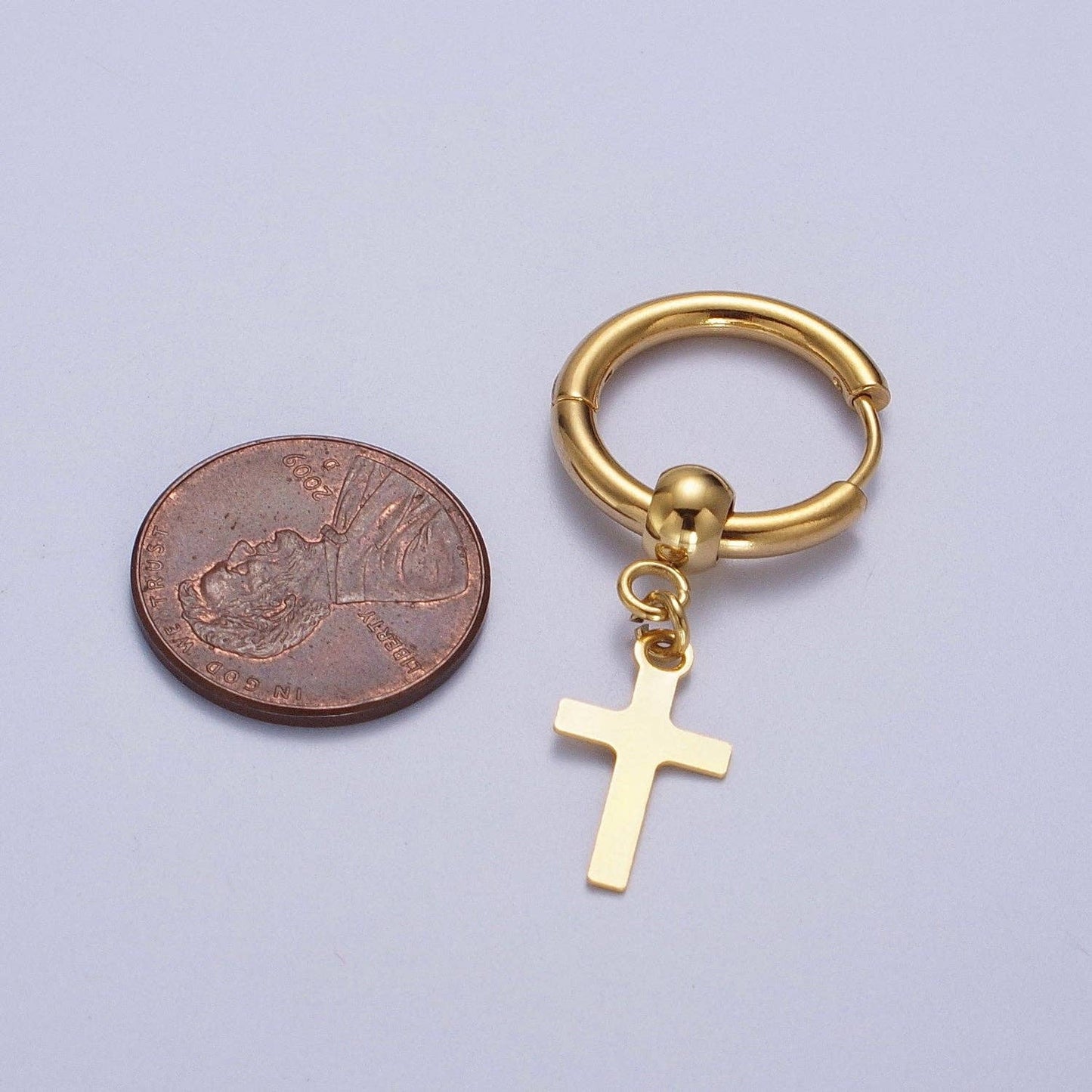 24K Gold Filled Religious Cross 18mm Huggie Drop Earrings Hoops | Y177