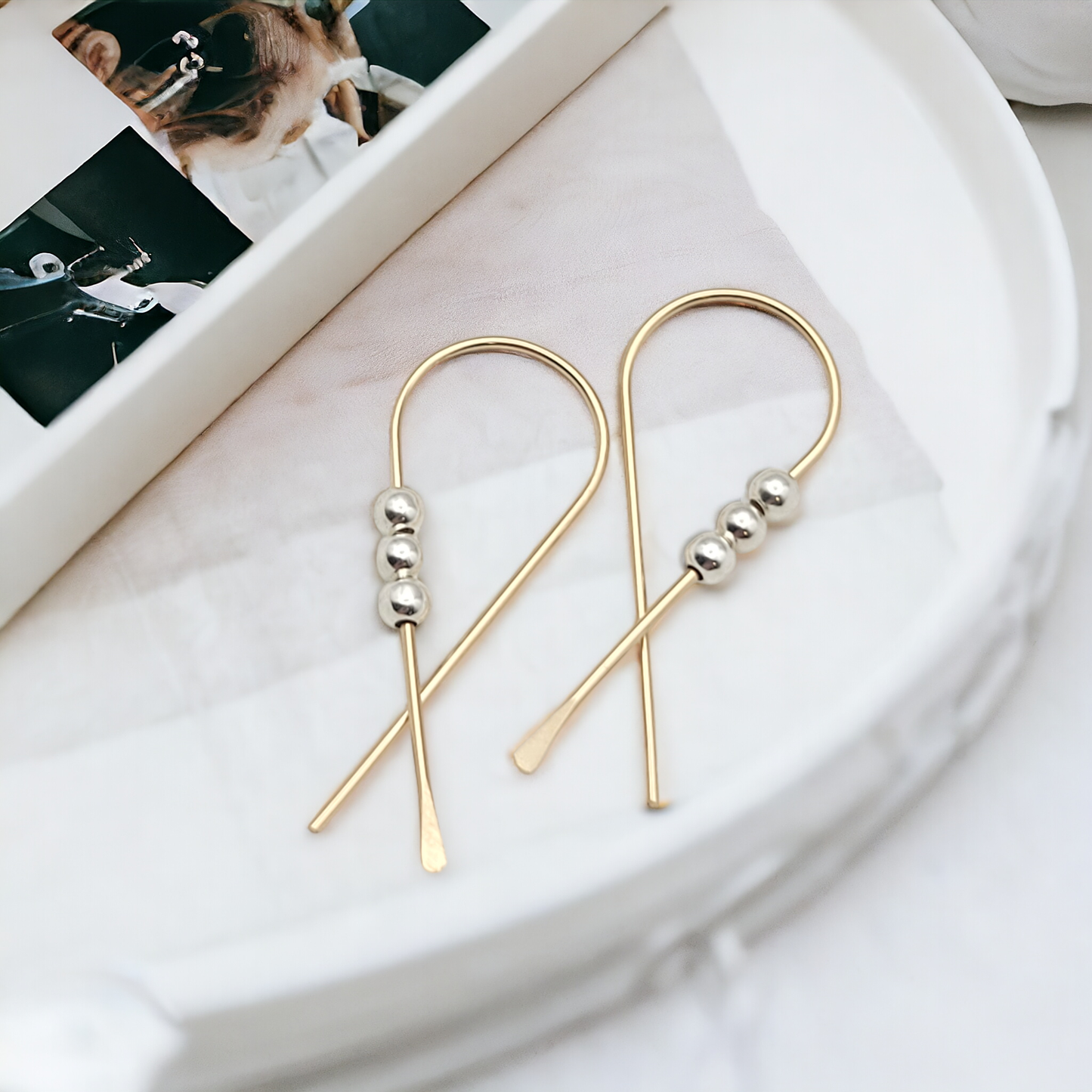 Gold Threader Ribbon Earrings with Silver Beads