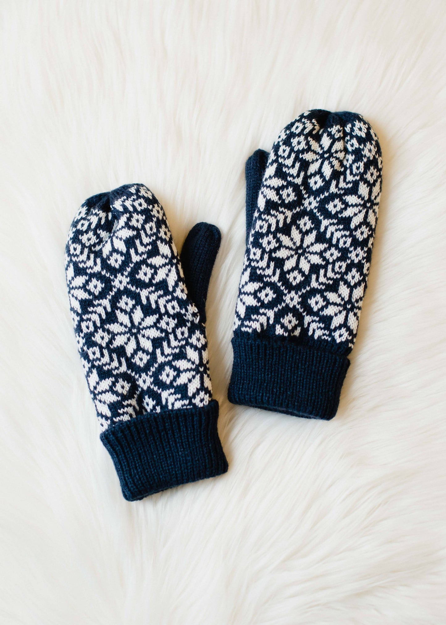 Navy & White Snowflake Knit Mittens