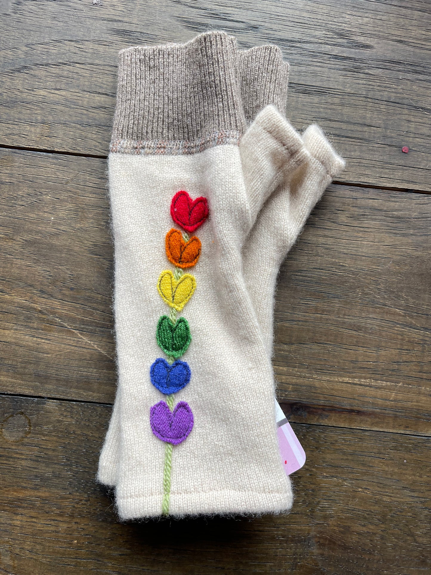 Hand Stitched Fingerless Gloves - Tan/Rainbow Flower