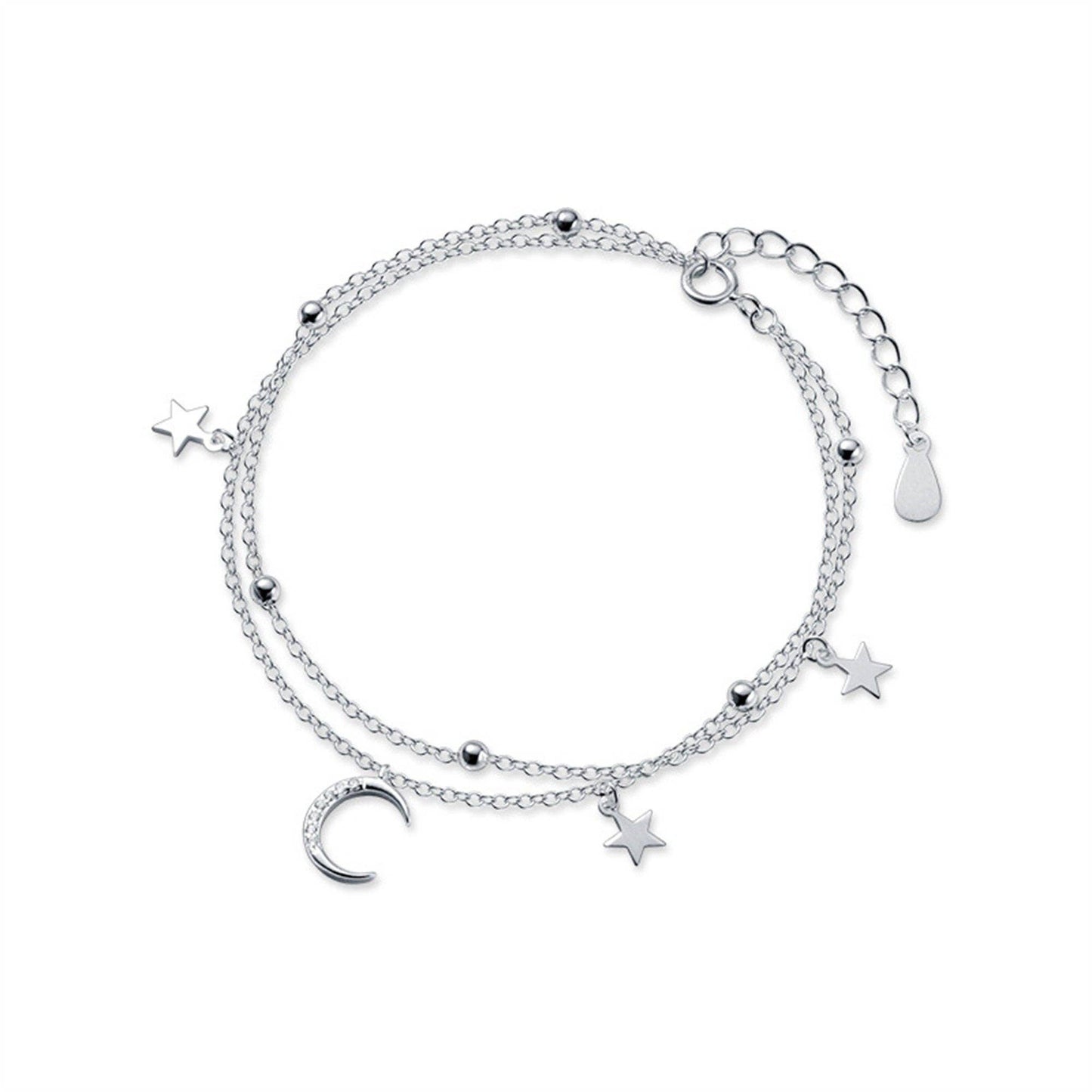 Boho Moon Star Charm Layered Bracelet in 925 Sterling Silver