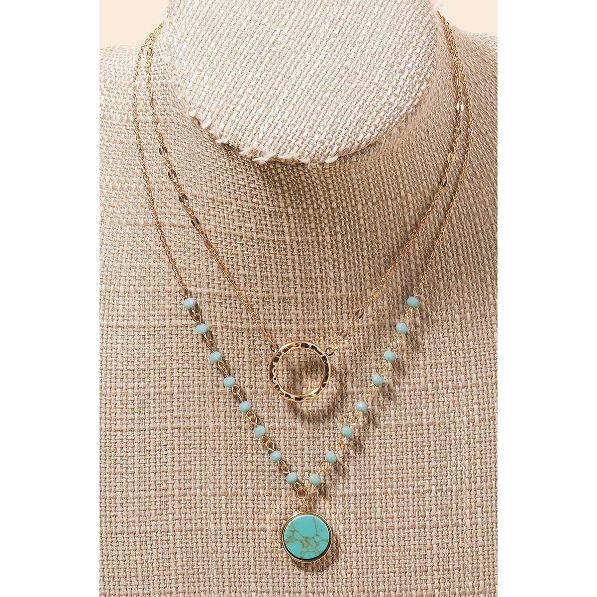 Hoop And Stone Disc Layered Pendant Necklace