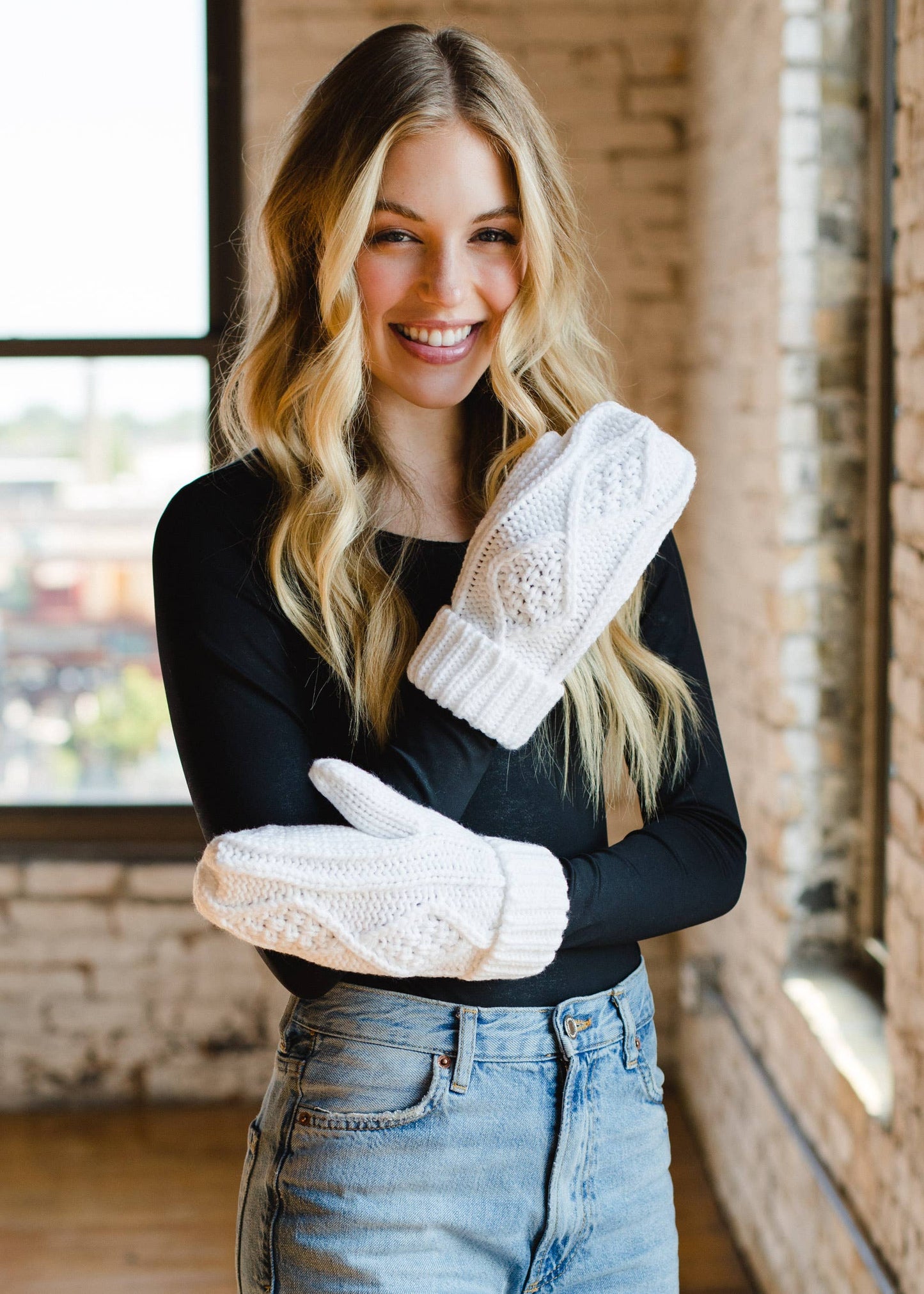 White Cable Knit Mittens