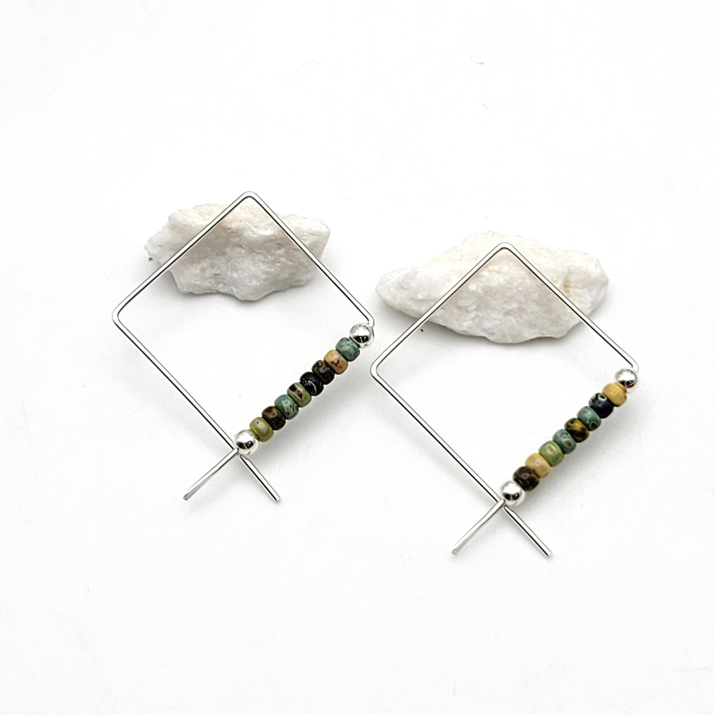 Silver Square Threader Hoops with Spring Colored Beads