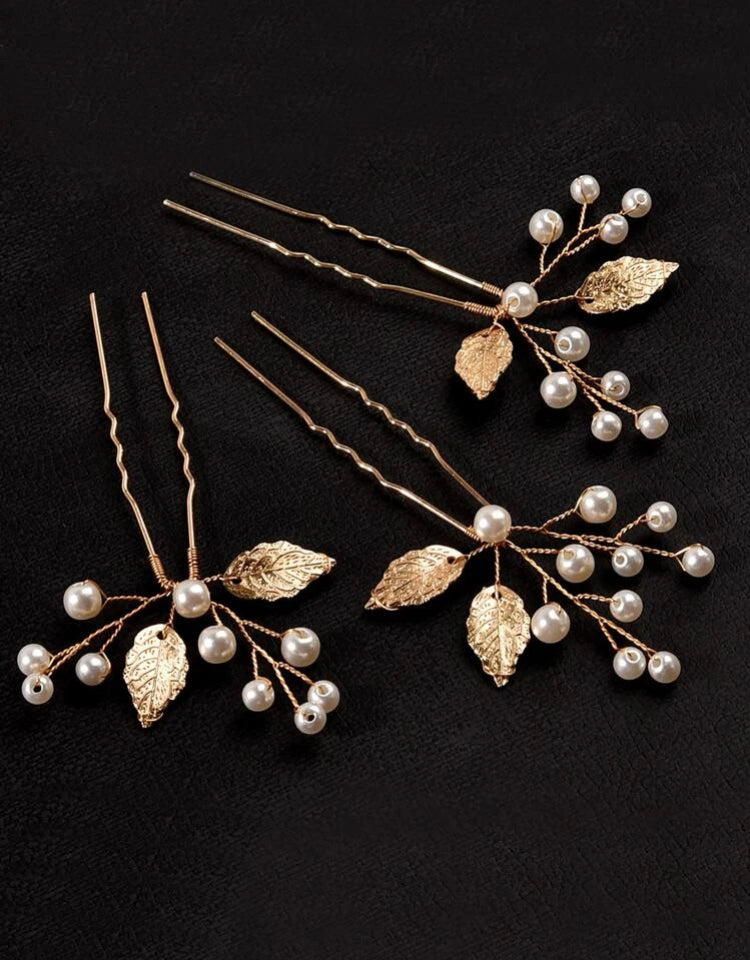 3 Piece Pearl & Leaf Hair Pins