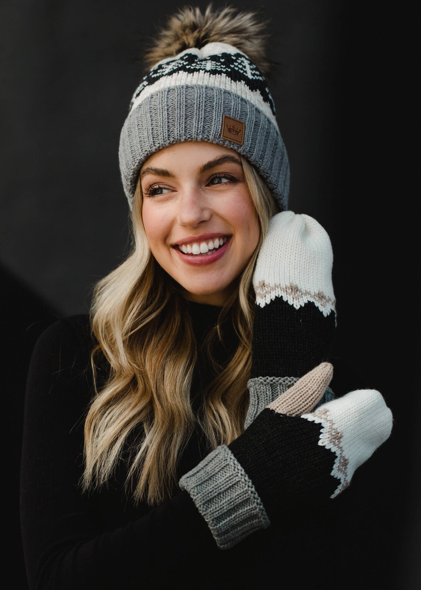 White, Charcoal, Gray & Taupe Patterned Mittens