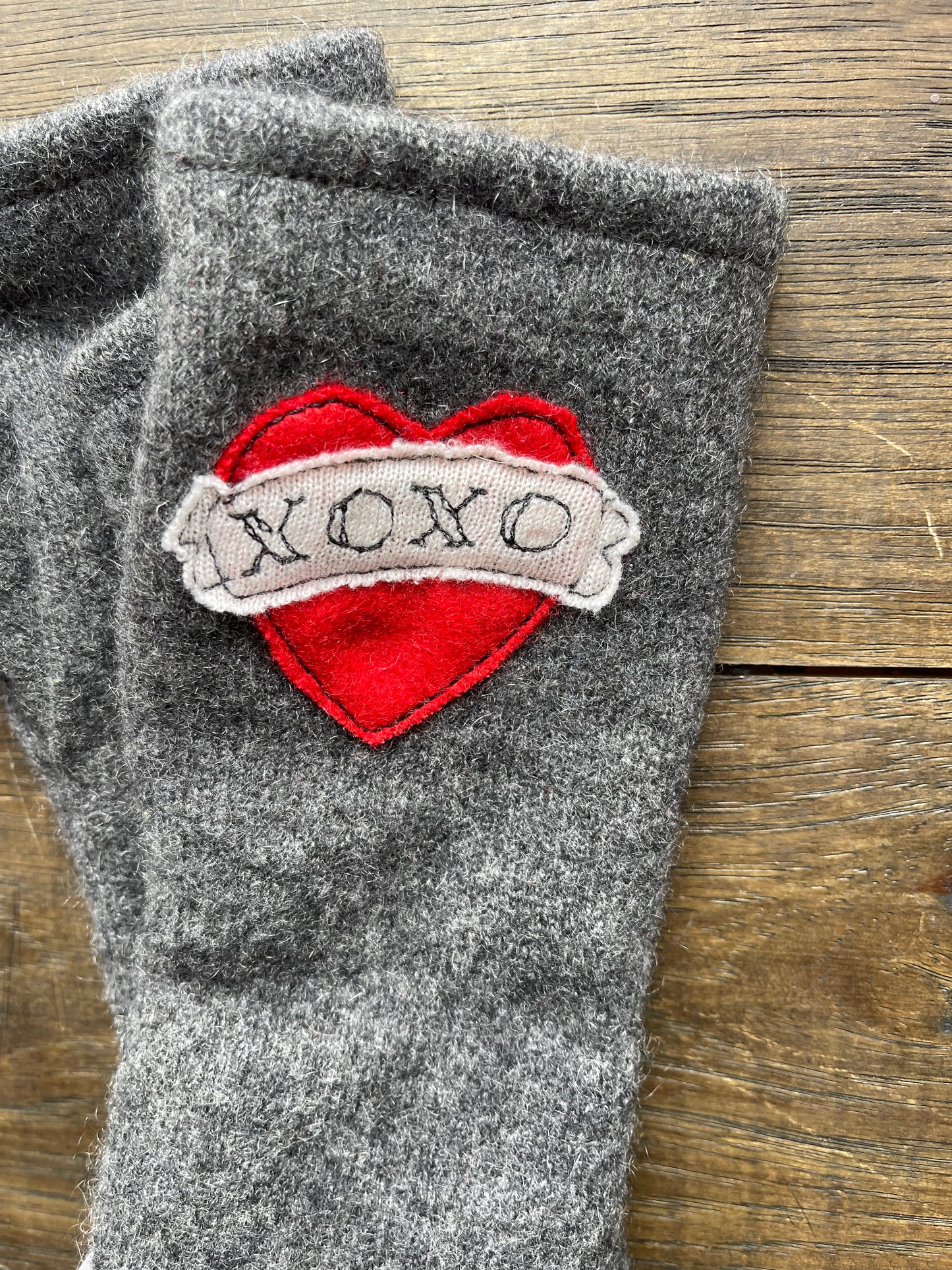 Hand Stitched Fingerless Gloves - Dk Grey/Red XOXO